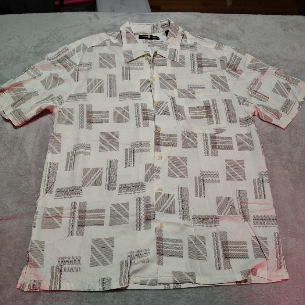 6A‎ Bowling Shirt Men L Cream Retro Travel Classic Vintage Comfort Short Sleeve